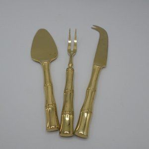 Set Of Cheese Knife Server Fork Gold Tone Bamboo Look Handles